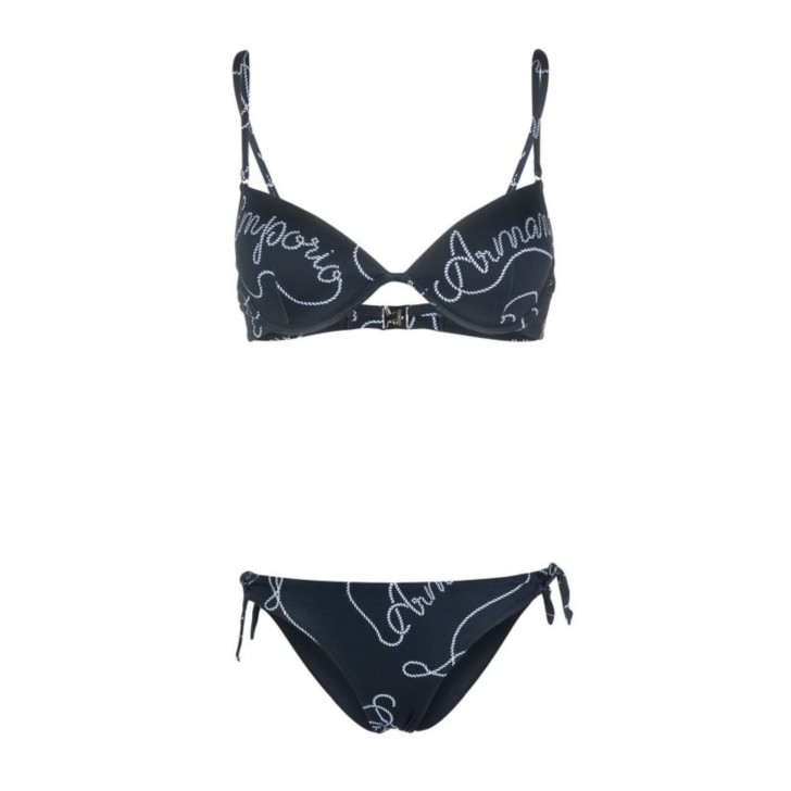 EMPORIO ARMANI BIKINI DUE PEZZI BLU CON LOGO LETTERING BIANCO ALL OVER