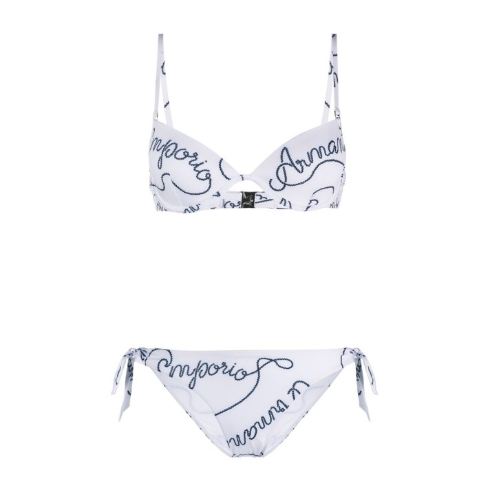 EMPORIO ARMANI BIKINI DUE PEZZI BIANCO CON LOGO LETTERING BLU ALL OVER