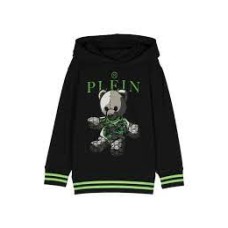 Philipp Plein Felpa nera in cotone con cappuccio e maxi logo PLEIN e orsetto Teddy con logo PP All Over e strass