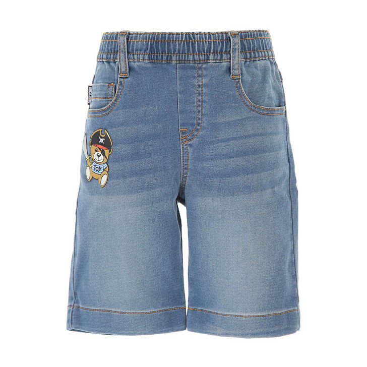 Moschino Pantaloncino in jeans Denim Blu con Patch Teddy Bear