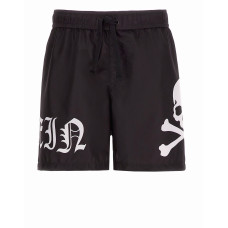 Philipp Plein Boxer da mare nero con logo Lettering e teschio ai lati