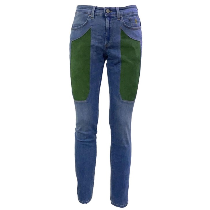 Jeckerson Jeans denim blu cinque tasche con toppe in Alcantara verde