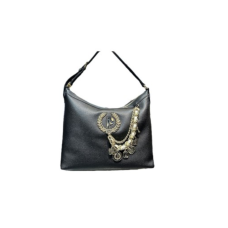 POLLINI BORSA A SPALLA GRAINED NERO CON LOGO IN METALLO E DETTAGLIO CON PENDENTI.