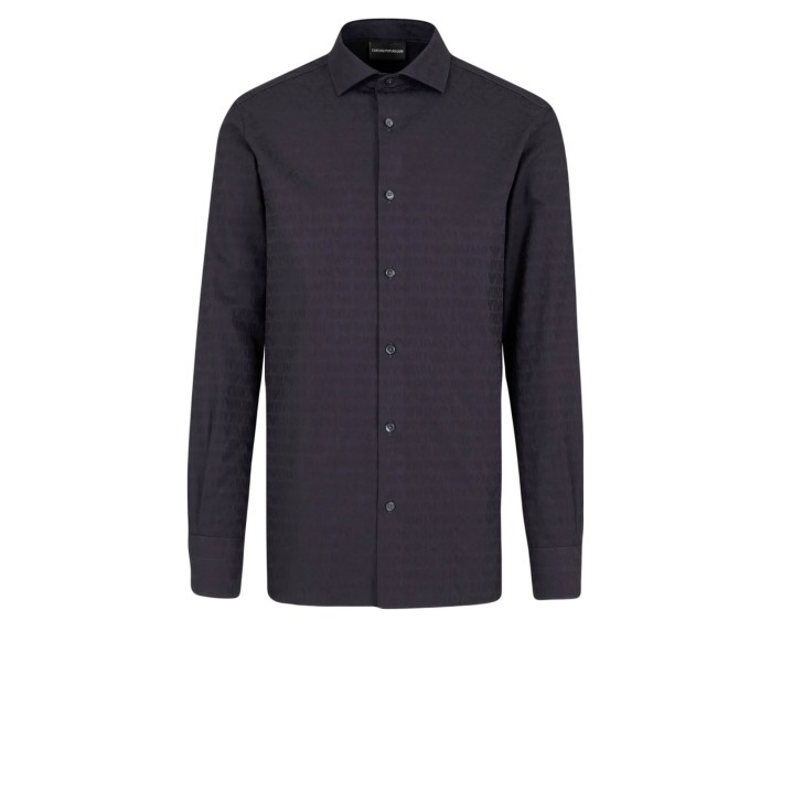 EMPORIO ARMANI SHIRT BLU NAVY A MANICA LUNGA CON LOGO LETTERING ALL OVER