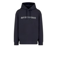 EMPORIO ARMANI SWEATSHIRT BLU NAVY CON CAPPUCCIO E LOGO LETTERING	