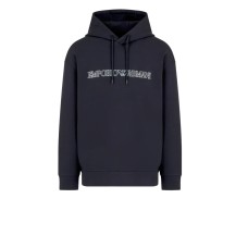 EMPORIO ARMANI SWEATSHIRT BLU NAVY CON CAPPUCCIO E LOGO LETTERING	
