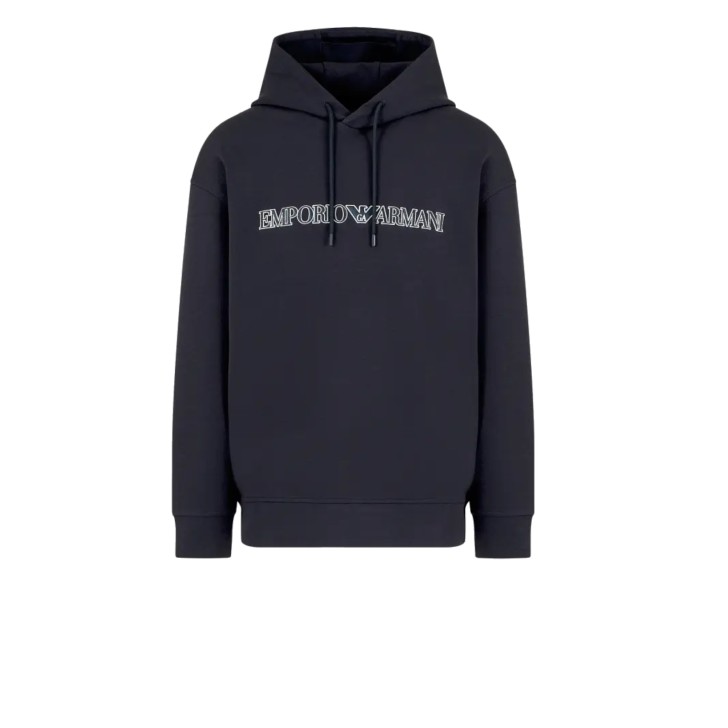 EMPORIO ARMANI SWEATSHIRT BLU NAVY CON CAPPUCCIO E LOGO LETTERING	