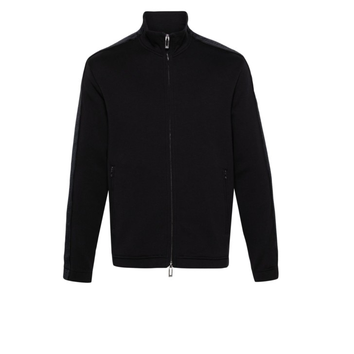 EMPORIO ARMANI SWEATSHIRT BLU NAVY FULL ZIP IN DOUBLE JERSEY CON BANDE CON LOGO LETTERING ALL OVER TONO SU TONO	