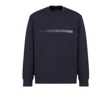 EMPORIO ARMANI SWEATSHIRT BLU NAVY A GIROCOLLO CON LOGO LETTERING RICAMATO	