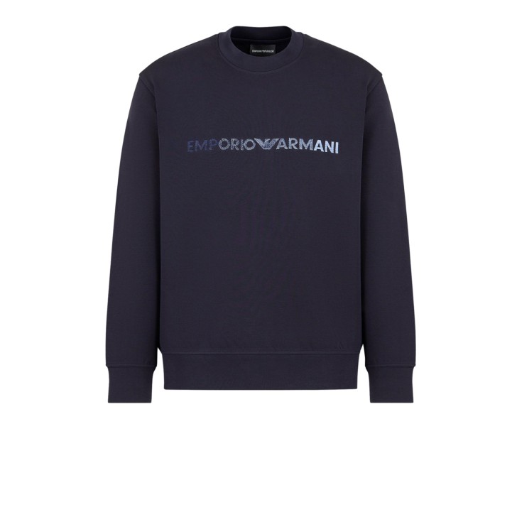 EMPORIO ARMANI SWEATSHIRT BLU NAVY A GIROCOLLO CON LOGO LETTERING RICAMATO	