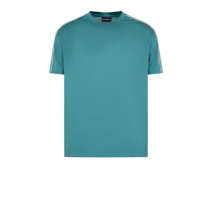 EMPORIO ARMANI T-SHIRT IN LYOCELL VERDE ACQUA A MANICA CORTA CON BANDE CON LOGO LETTERING ALL OVER TONO SU TONO	