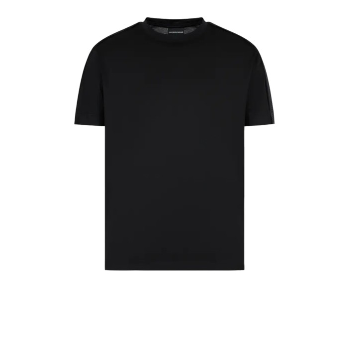 EMPORIO ARMANI T-SHIRT IN LYOCELL BLACK A MANICA CORTA CON BANDE CON LOGO LETTERING ALL OVER TONO SU TONO