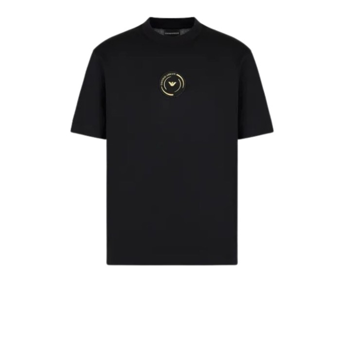 EMPORIO ARMANI T-SHIRT BLACK A MANICA CORTA CON PATCH CON AQUILA E LOGO LETTERING GOLD 