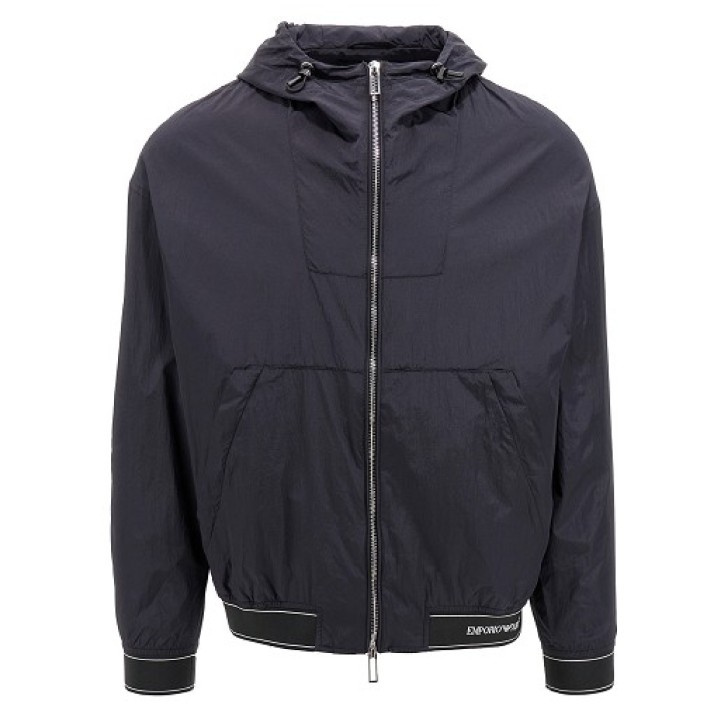 Emporio Armani Giubbotto ultraleggero Blu Navy con cappuccio e inserti elastici con logo lettering