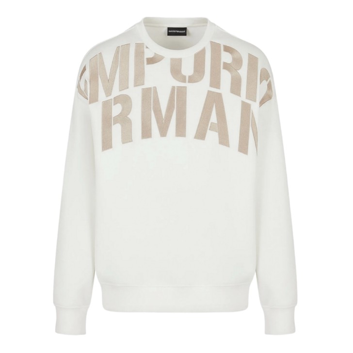 Emporio Armani Felpa Bianca in double jersey con maxi logo Lettering ricamato