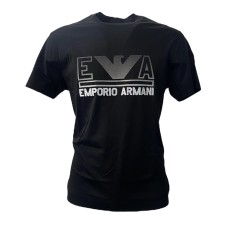 Emporio Armani T-Shirt Nera a manica corta in jersey misto cotone e Tencel con maxi logo lettering e logo Aquila Grigio
