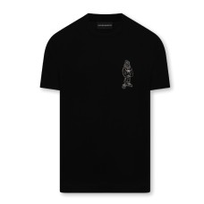 Emporio Armani T-Shirt Nera in cotone a manica corta con logo Aquila Cartoon Ricamato