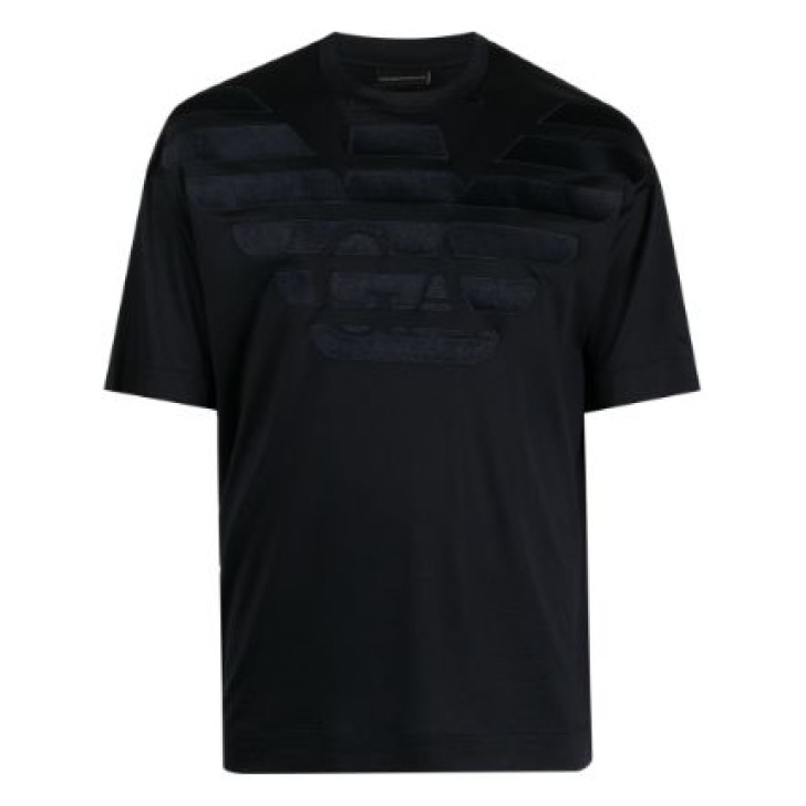 Emporio Armani T-shirt Blu Navy a manica corta in jersey misto cotone e Tencel con maxi logo Aquila ricamato