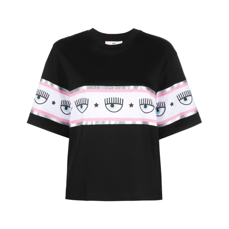 Chiara Ferragni T-shirt Oversize a manica corta Nera con banda Maxi Logomania