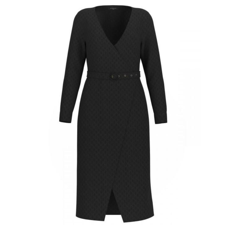 GUESS BY MARCIANO AMALIA LS VCOLLAR BELTED VESTITO NERO DA DONNA INTERAMENTE LOGATO 