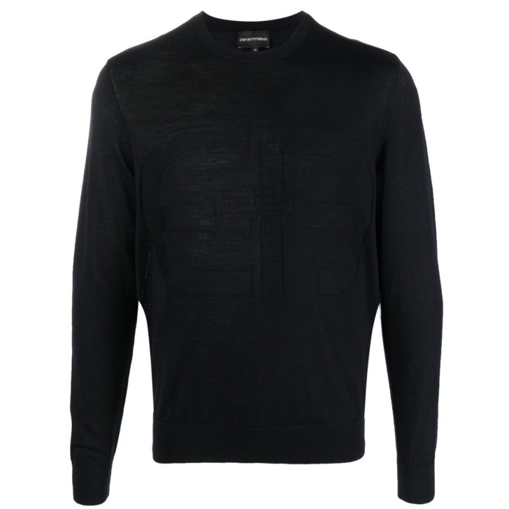 Emporio Armani Maglioncino blu navy in lana vergine con maxi logo EA