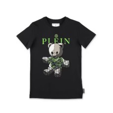 Philipp Plein T-shirt a manica corta nera in cotone con logo PLEIN verde stampato con Teddy in strass