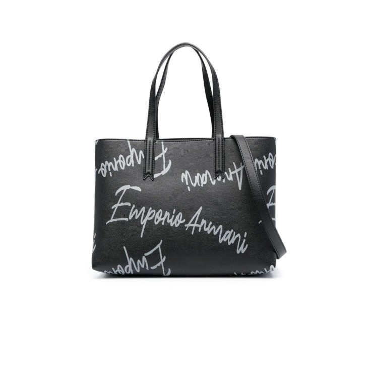 Emporio Armani Borsa a mano Nera con Logo Lettering All Over e tracolla regolabile, estraibile