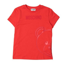 Moschino T-shirt rossa a manica corta con maxi stampa Teddy Bear e logo lettering