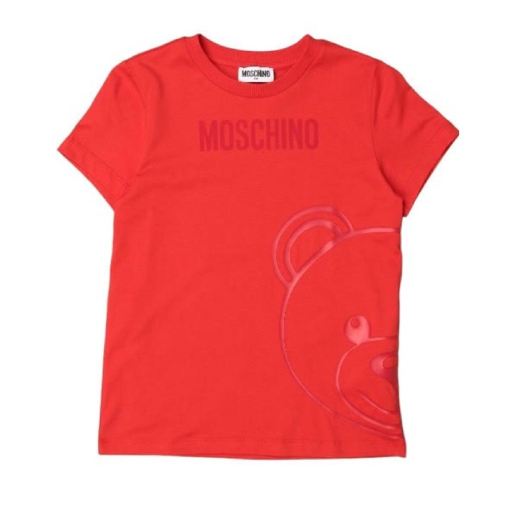 Moschino T-shirt rossa a manica corta con maxi stampa Teddy Bear e logo lettering