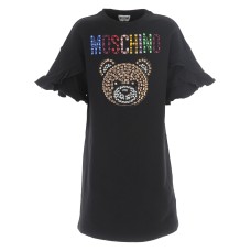 Moschino Couture abito nero a manica corta con rouches e logo Mini Teddy in strass multicolore