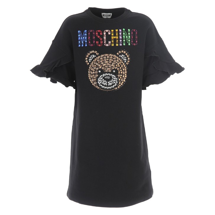 Moschino Couture abito nero a manica corta con rouches e logo Mini Teddy in strass multicolore