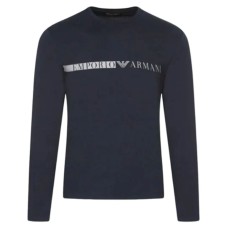 Emporio Armani Maglia blu a manica lunga in cotone con logo lettering