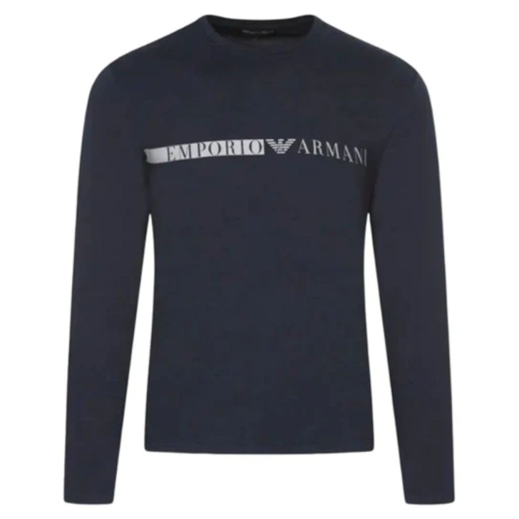 Emporio Armani Maglia blu a manica lunga in cotone con logo lettering