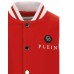 Philipp Plein Giubbotto rosso con maniche in vera pelle a contrasto bianco