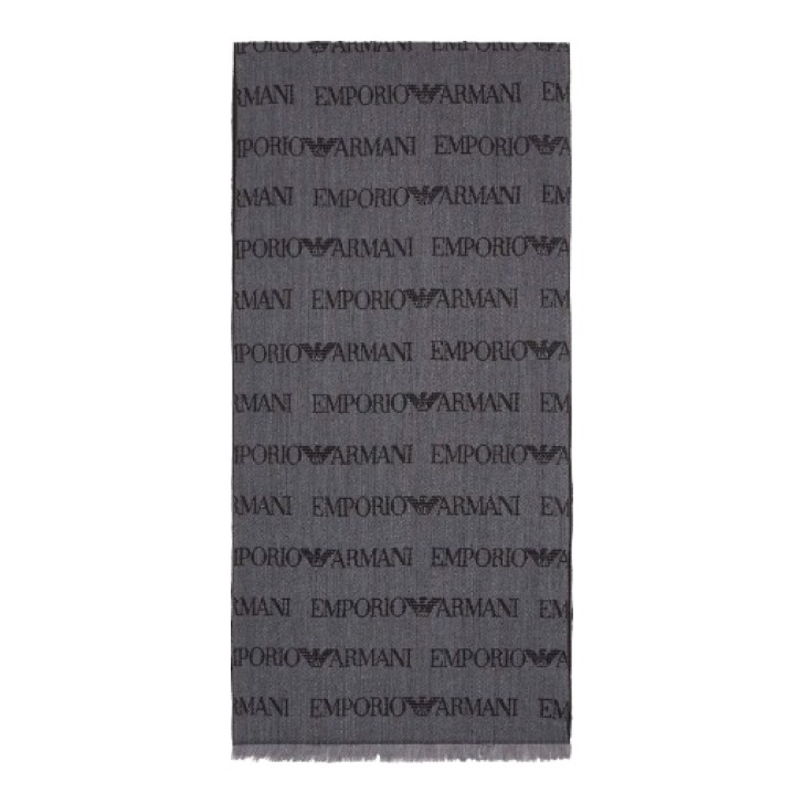 EMPORIO ARMANI SCIARPA GREY MISTO LANA VERGINE LOGO LETTERING JACQUARD E FRANGE