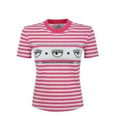 Chiara Ferragni T-shirt a manica corta Bianca a righe Fucsia con LOGOMANIA