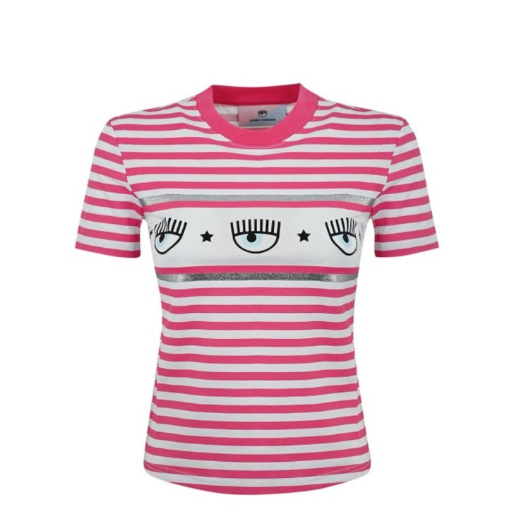 Chiara Ferragni T-shirt a manica corta Bianca a righe Fucsia con LOGOMANIA