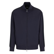 EMPORIO ARMANI FELPA FULL ZIP IN DOUBLE JERSEY DI MISTO COTONE BLU NAVY CON BANDE CON LOGO LETTERING A RILIEVO