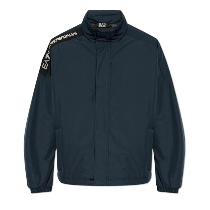 EA7 EMPORIO ARMANI BOMBER JACKET OVERSIZE BLUE CON BANDA BLACK CON LOGO LETTERING WHITE	