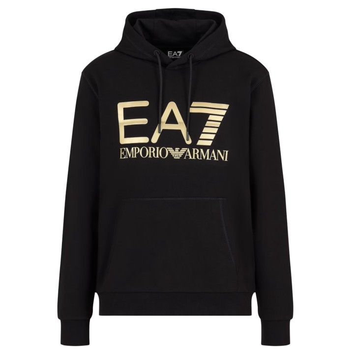 EA7 EMPORIO ARMANI FELPA CON CAPPUCCIO IN COTONE BLACK CON MAXI LOGO LETTERING GOLD