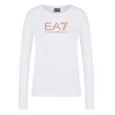 EA7 EMPORIO ARMANI MAGLIA A MANICA LUNGA WHITE IN COTONE STRECH CON LOGO LETTERING STAMPATO