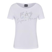 EA7 EMPORIO ARMANI T-SHIRT GIROCOLLO A MANICA CORTA WHITE IN COTONE STRETCH CON LOGO LETTERING RICAMATO E EFFETTO METAL SILVER