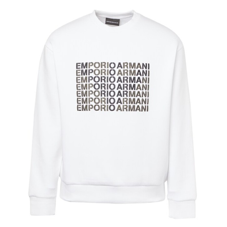 Emporio Armani Felpa Bianca in cotone stretch da Uomo con logo ricamato grafismo aquila