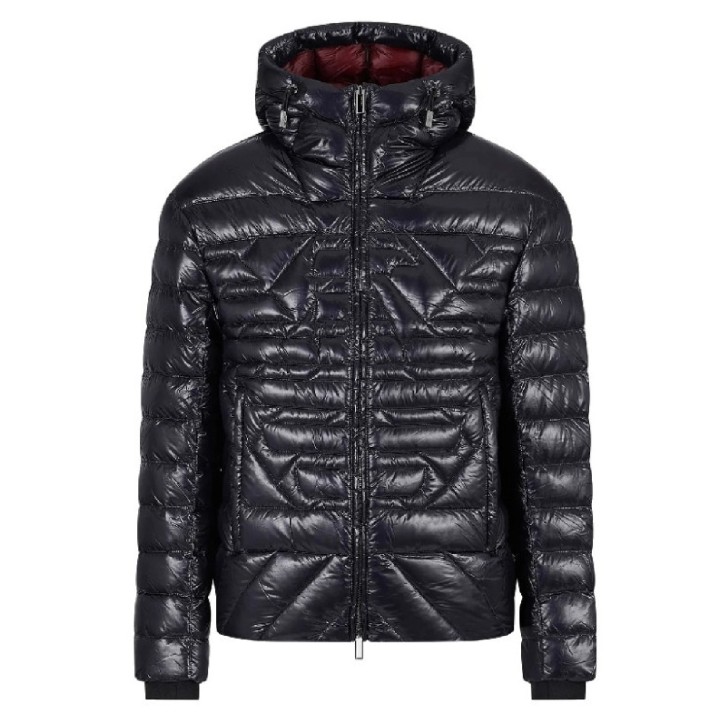 Emporio Armani Giubbotto trapuntato blu navy con cappuccio e maxi logo Aquila