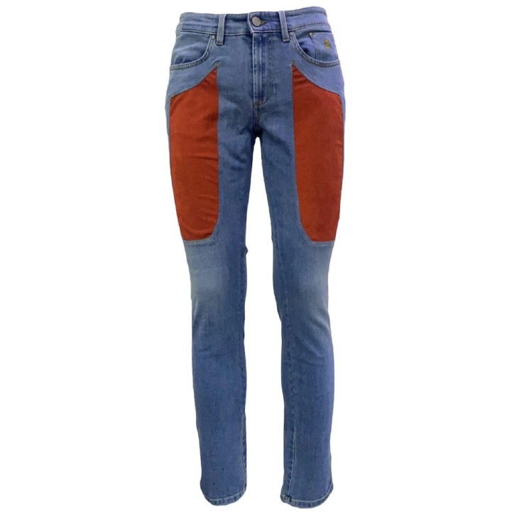 Jeckerson Jeans denim blu cinque tasche con toppe in Alcantara Rosso