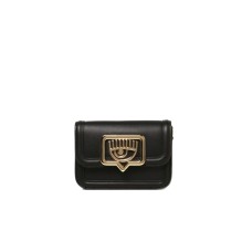 CHIARA FERRAGNI MINI MARSUPIO BLACK CON LOGO EYELIKE IN METALLO DORATO E TRACOLLA ESTRAIBILE