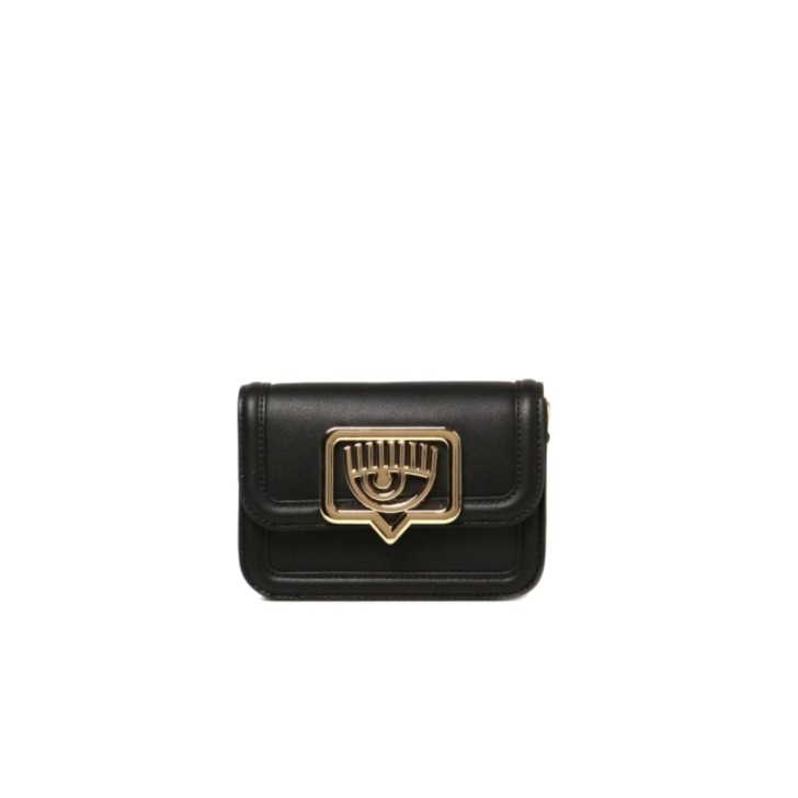 CHIARA FERRAGNI MINI MARSUPIO BLACK CON LOGO EYELIKE IN METALLO DORATO E TRACOLLA ESTRAIBILE