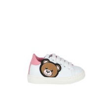 Moschino Sneakers in pelle bianco con inserto posteriore rosa e Patch laterale Moschino Teddy Bear