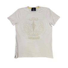 Cesare Paciotti 4US T-shirt Bianca a manica corta con logo spada in pelle e disegno ricamato