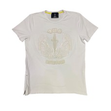 Cesare Paciotti 4US T-shirt Bianca a manica corta con logo spada in pelle e disegno ricamato